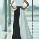 High Waisted Loose Contrast Color Pleated Mock Neck Maxi Dresses