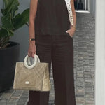 Cotton and Linen Sleeveless Top and Wide-Leg Pants Two-Piece Set