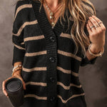 Black Stripe Buttoned V Neck Drop Shoulder Loose Cardigan