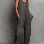 Retro Relaxed Charcoal Textured Knit Sleeveless Button-Front Jumpsuit