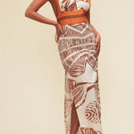 Vacay Bound Linen Blend Unique Botanical Print Halter Maxi Dress
