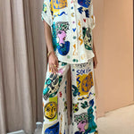Sun Tribe Satin Unique Print Button Down Oversized Blouse