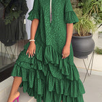 Flared Sleeves Half Sleeves Asymmetric Layered Pleated Printed Ruffle Trim Round-Neck Maxi Dresses