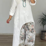 Linen Blend Crew Neck Long Sleeve Irregular Loose Top and Elastic Waist Floral Print Casual Pocket Set
