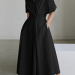 High Waisted Loose Pleated Solid Color V-Neck Midi Dresses