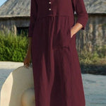 Round neck button pocket cotton and linen sleeves solid color dress