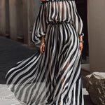 Elegant Off-the-Shoulder Vertical Stripe Chiffon Maxi Dress