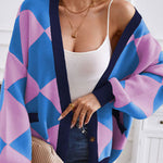 V-neck geometric patchwork contrasting knitted cardigan casual loose jacket