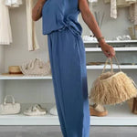 Leva Linen Blend Drawstring Short Sleeve Top and Elastic Waist Pocket Loose Tapered Pants