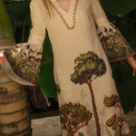 Flared Sleeves Loose Leaves Print V-Neck Maxi Dresses