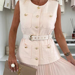 Relaxed and Elegant Round Neck Button Up Belted Pocket Loose Vest