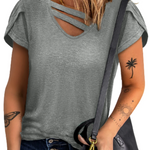 Solid Color Casual Cutout Neck T Shirt