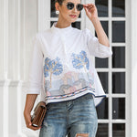 Casual Three-Quarter Sleeves Loose Embroidered Stand Collar Blouses&Shirts Tops