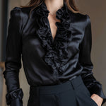 Black Satin Ruffled V-Neck Long Sleeve Blouse