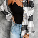 Grey Plaid Color Block Pockets Buttoned Shacket