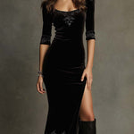 Embroidered Velvet High-Slit Midi Dress