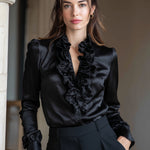 Black Satin Ruffled V-Neck Long Sleeve Blouse
