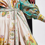 Unique Print Balloon Sleeve Belt Shirt Midi Dress