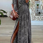 Bohemian Vintage Print Slit V Neck A Line Dresses