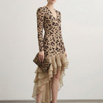 Bodycon High-Low Contrast Color Leopard Ruffled Split-Joint Deep V-Neck Midi Dresses