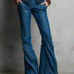 Retro Tencel Denim Vest & Flared Pants Set With Ruffles