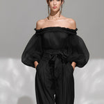 Women's Black Chiffon Crinkled  Set With Off-the-Shoulder Neckline & Ruffled Trim, Timeless Romantic-Edgy Style Set