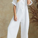 SHORT SLEEVE V NECK JUMPSUIT BUTTON DOWN TURNDOWN COLLAR WIDE LEG JUMPSUIT