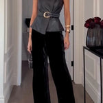 Fashionable and Avant-garde Faux Leather Belted Strapless Asymmetric Top