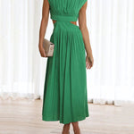 Cap Sleeve Belly-Hollow Pleated Solid Color Stand Collar Maxi Dresses