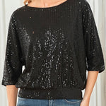 Solid Color Sequined Loose Round Neck Casual Top