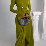 Bodycon Irregularity Solid Color Split-Front Round-Neck Maxi Dresses