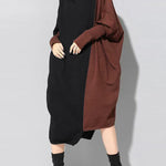 Casual Loose Split-Joint Contrast Color High-Neck Long Sleeves Dress