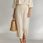 Women's Ivory Cotton Set With Boat Neck & Elastic Waist, Timeless Minimalist-Casual Style Set