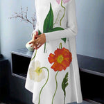 Long Sleeves Loose Flower Print High Neck Midi Dresses
