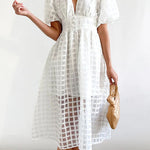 Remarkable Beauty Square Patterned Fabric Puff Sleeve Party Midi Dress