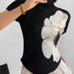 Short Sleeves Skinny Flower Print High Neck T-Shirts Tops