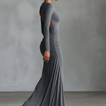 Women's Grey Elegant Stretch - Polyester-Cotton Blend Ruched Open - Back Maxi Dress