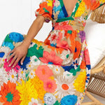 Floral Frenzy Printed Puff Sleeve Back Smocked Maxi Dress