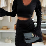 Career Beauty Lace Paneled Long Bell Sleeve Crop Top and High Rise Mini Skirt Set