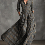 Women's Grey Sophisticated Tartan - Patterned Linen - Blend Flared Maxi Dress
