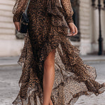 Leopard Print Wrap Midi Dress With Ruffled Hem