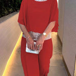 Stylish Sequin Patchwork Dolman Sleeve Top and Elastic Waist Wide Leg Pants Set