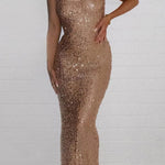 Sequins Decor Open Back See Through Slim Fit Party Maxi Dresses-White