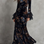Midnight Floral Velvet Flowing Gown With Lace-Trim Bell Sleeves
