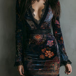 Boho Floral Print V-Neck Velvet Bodycon Mini Dress With Lace Trim