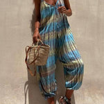 V-neck Printed Loose Lace-up Jumpsuit