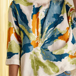 Half Sleeves Loose Buttoned Contrast Color Flower Print Round-neck T-Shirts Tops