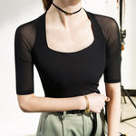 Simple Solid Color Square-Neck Half Sleeves Shirt