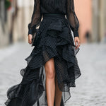 Striped Button-Front Ruffled High-Low Shirt Dress