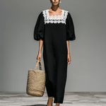 Women's Minimalist Linen Blend Lace Square Neck Short-sleeved Maxi Dress